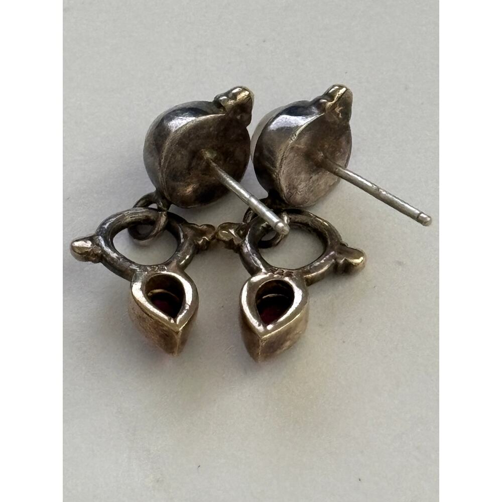 Vintage Sterling Silver Small Dangle Earrings Moonstone Garnet - Picture 3 of 4